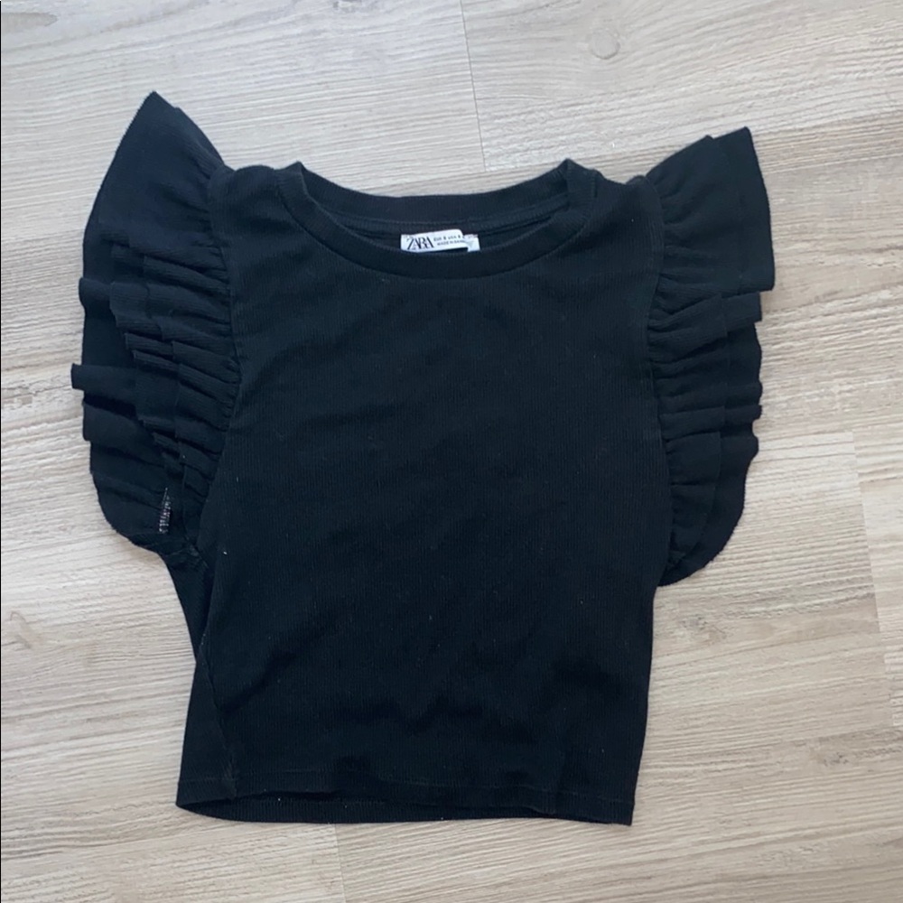 Zara Black Ruffled Short Sleeve Tee